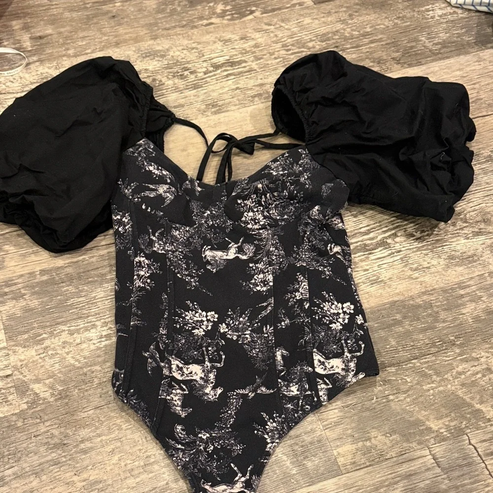 Free People Black Floral Puff-Sleeve One-Piece - Picture 1 of 2